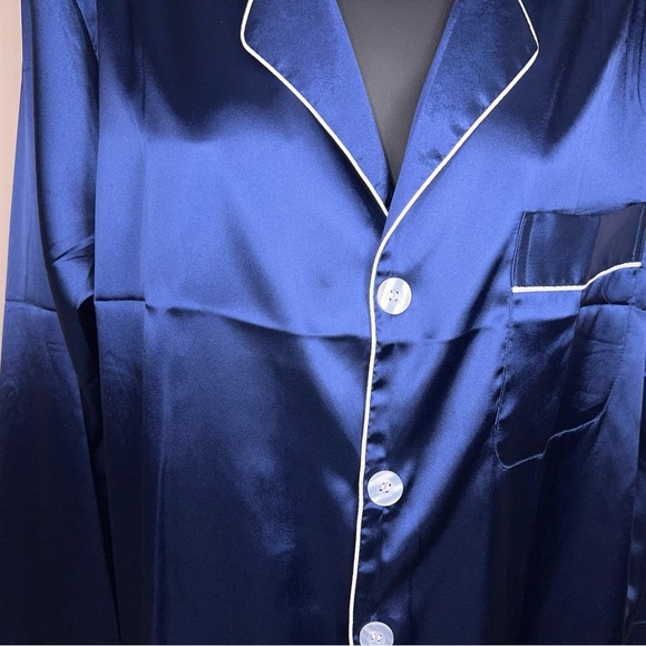 Medium Blue Satin Button Front Pajama Top Long Sleeve Glam - Picture 6 of 11